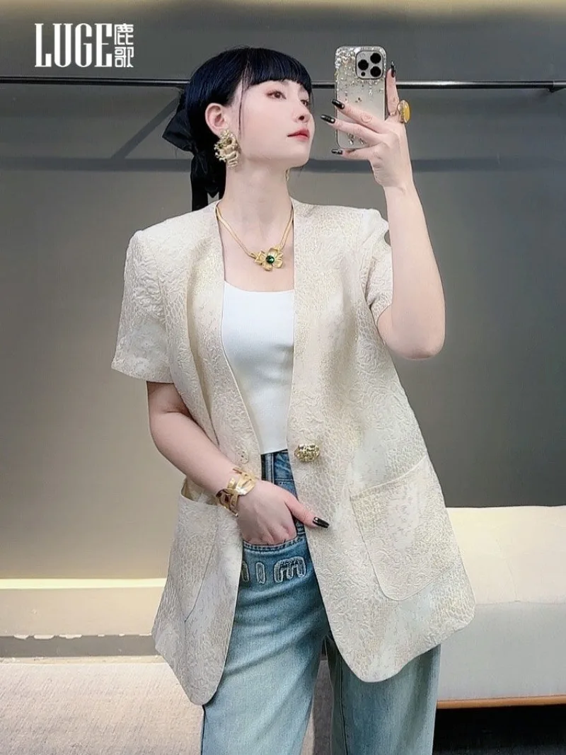 

Summer Fashion New Improvement New Chinese Jacquard Coat Women's Imitation Silk Short Sleeved Suit Coat Female Clothing