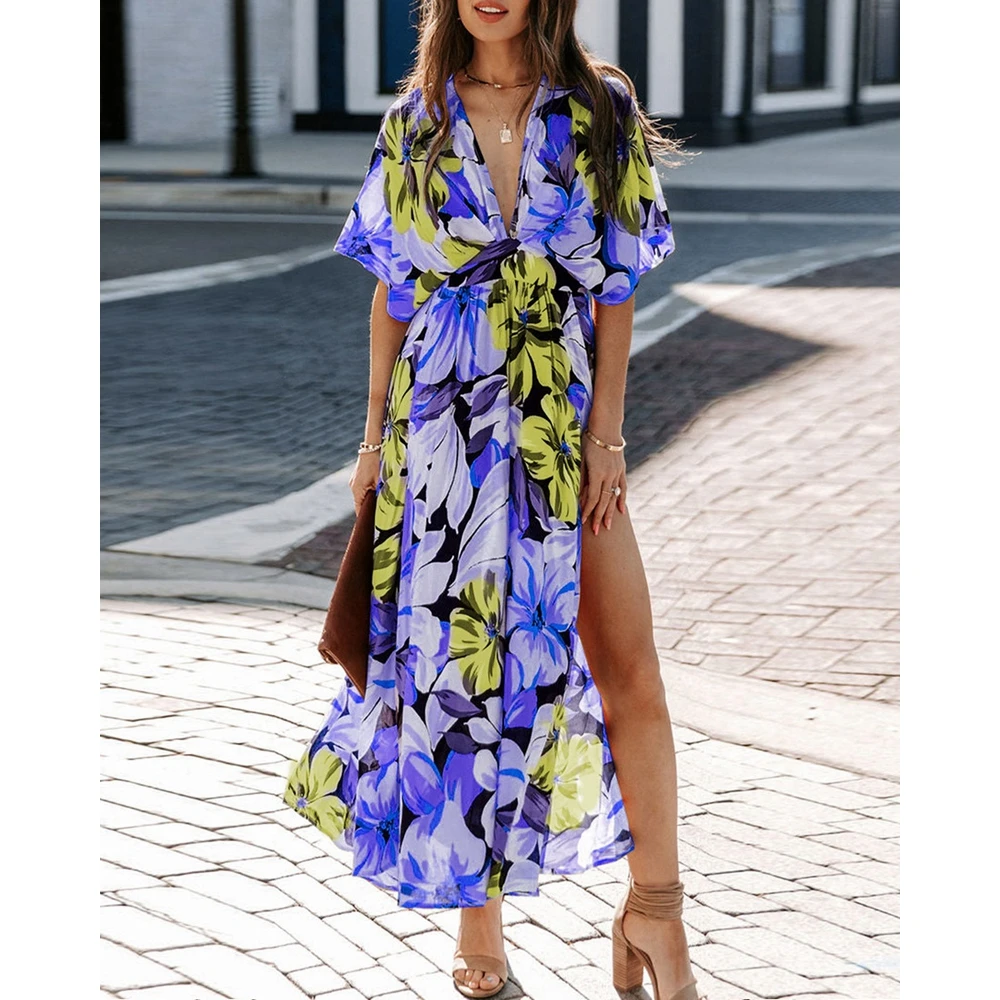 

2024 Summer Floral Print High Slit Maxi Vacation Dress for Women Fashion Plunge Long Dresses Femme Casual Bohemian Vestido Y2k