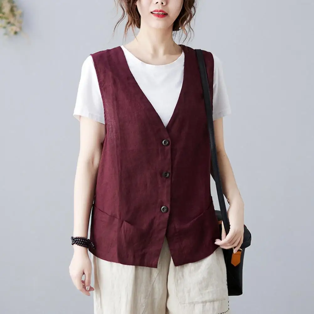 

Women Vest Waistcoat Single-breasted Sleeveless Solid Color Buttons V Neck Cardigan Straight Soft Breathable OL Style Commute Fe