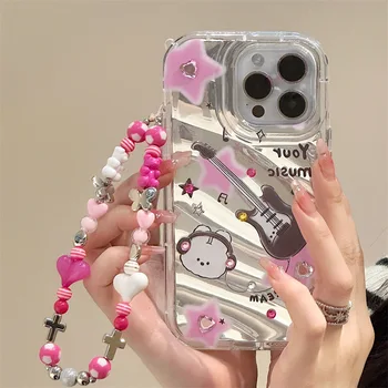 Cute music guitar rabbit dream stars laser phone case bracelet for iphone 11 12 promax 14 15 pro max 13 xsmax x xr cover