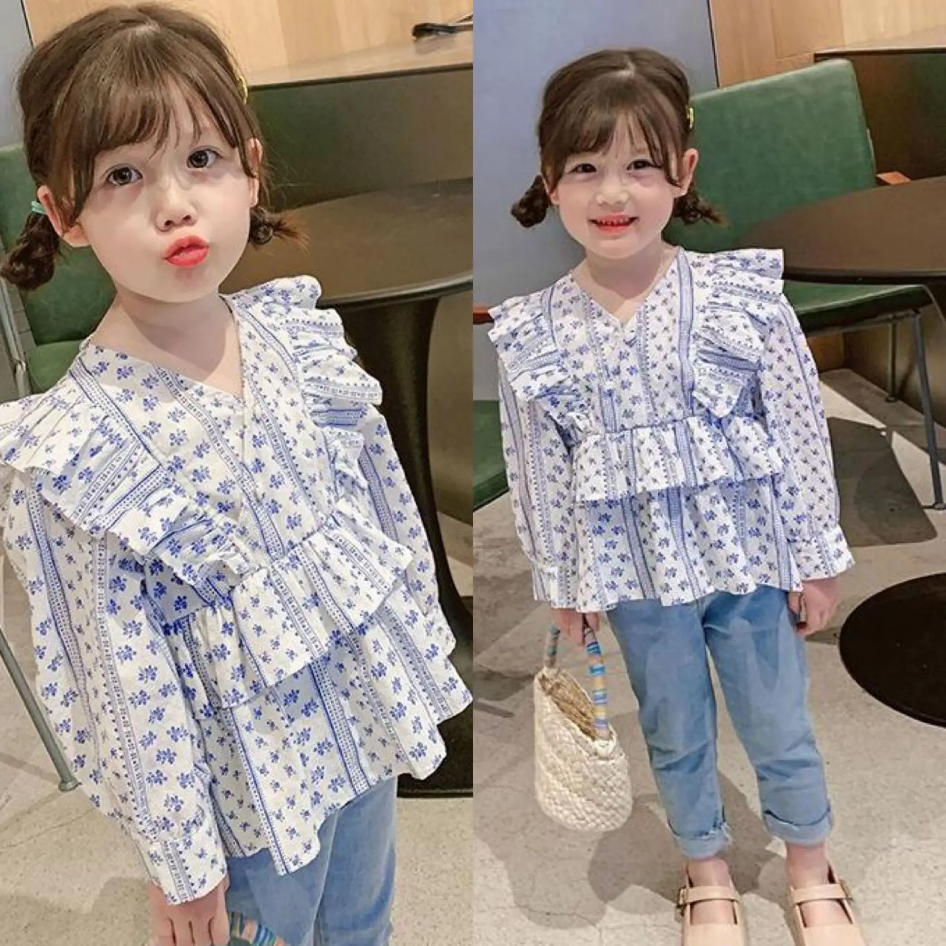 

Toddler Kids Clothes Baby Girls Sweet Lace Shirt Autumn Children Flower Print Long Sleeve Top Ruffle Ruched Blouse 3-8 Years Old
