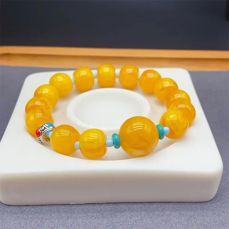 

Natural Beeswax Artistic Single Circle Bracelet for Men and Women Retro Design Raw Ore Old Beads Amber Handstring for Couple