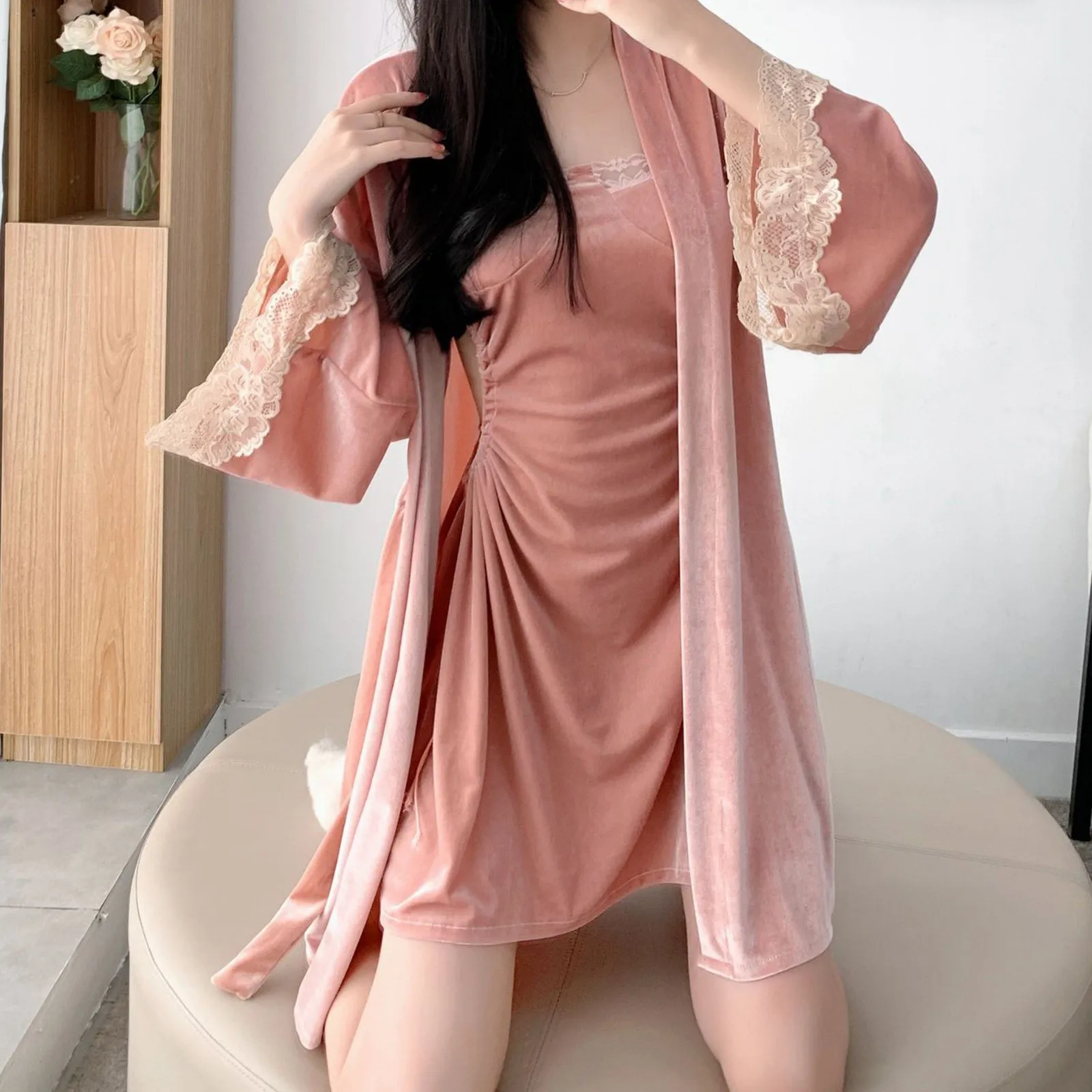 

Velour Lace Robe Suit Spring Kimono Sleepwear Nightgown Homewear Women Velvet Nightdress Bathrobe Gown Sleep Set Loungewear