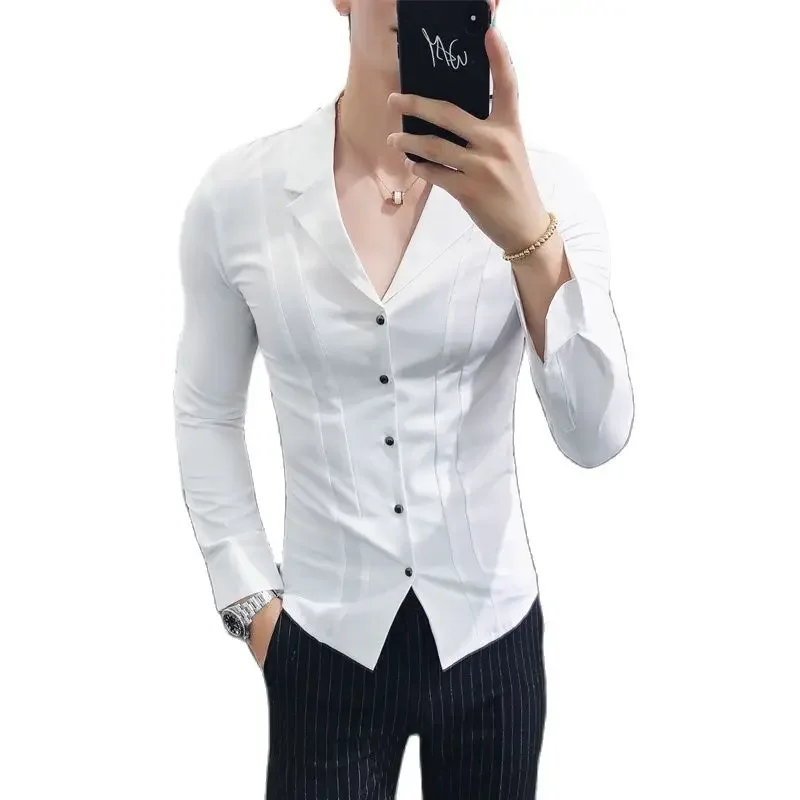 

2023 Fashion Men Shirts Long Sleeve Casual Slim Fit Dress Shirts V-neck Streetwear Formal Social NightClub Party Tuxedo Clothing