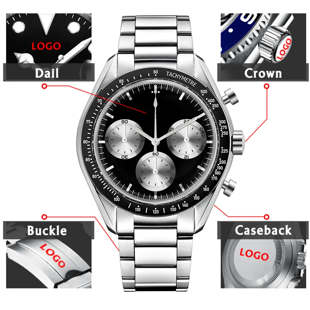 

Custom Logo Diy 40mm Vk63 Quartz Movement Watch Man Waterproof Mens Quality Luxury Mineral Glass Time Running Second Glow Watchs