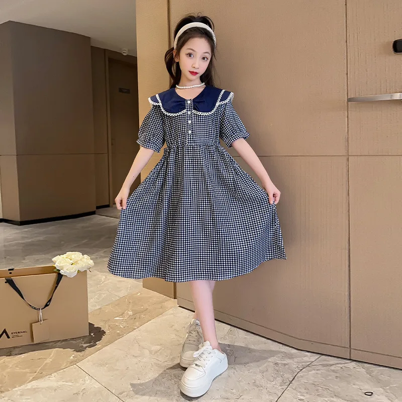 

ZOETOP 2024 Korean Summer School Girl Dress Teenager Girl Peter Pan Collar Plaid Waistband Casual Dress Junior Girl Sweet Dress