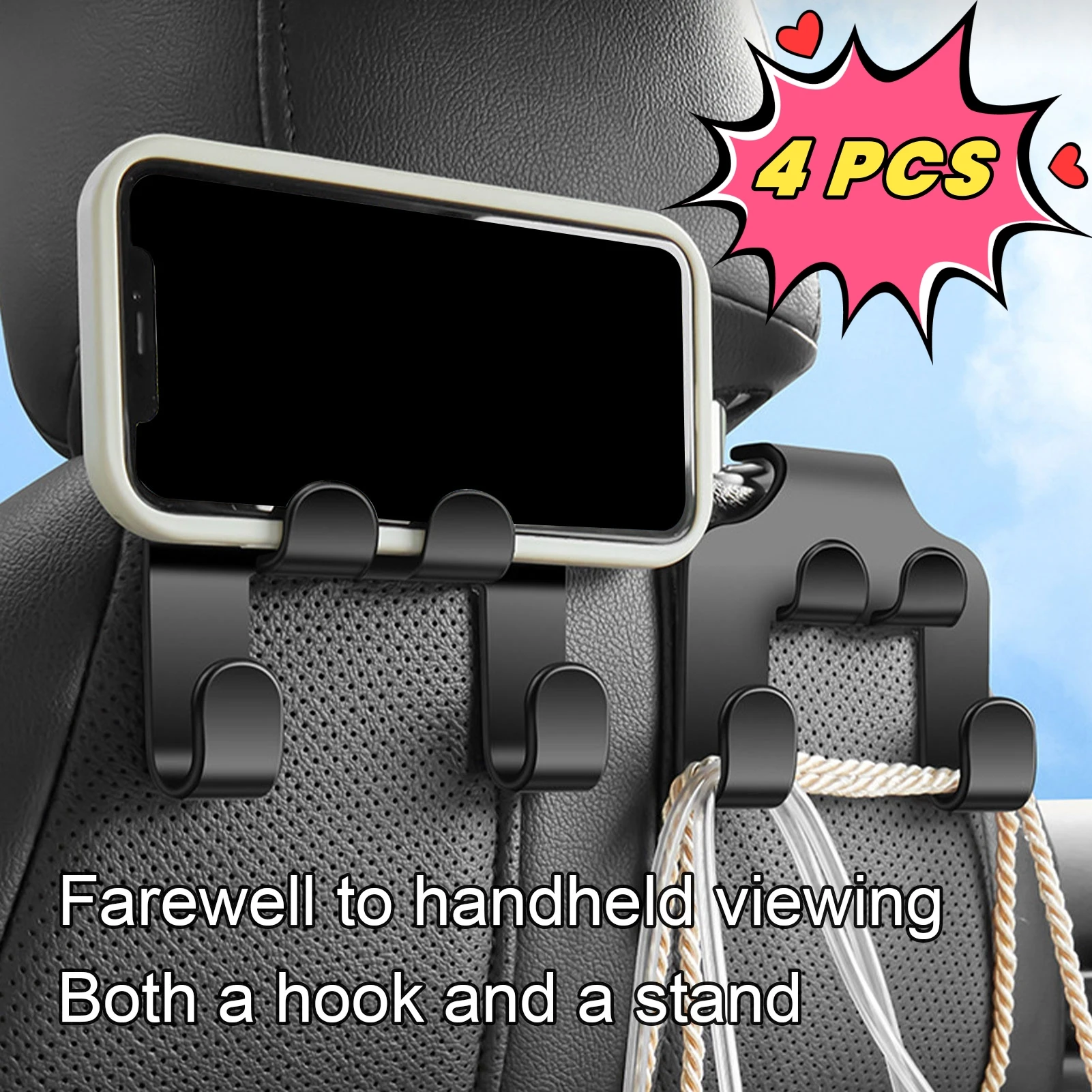 

4 Pack Car Seat Headrest Hook Auto Hanger Storage Organizer for Handbag Purse Coat Bag Hooks Phone Holder Car Interior Decor