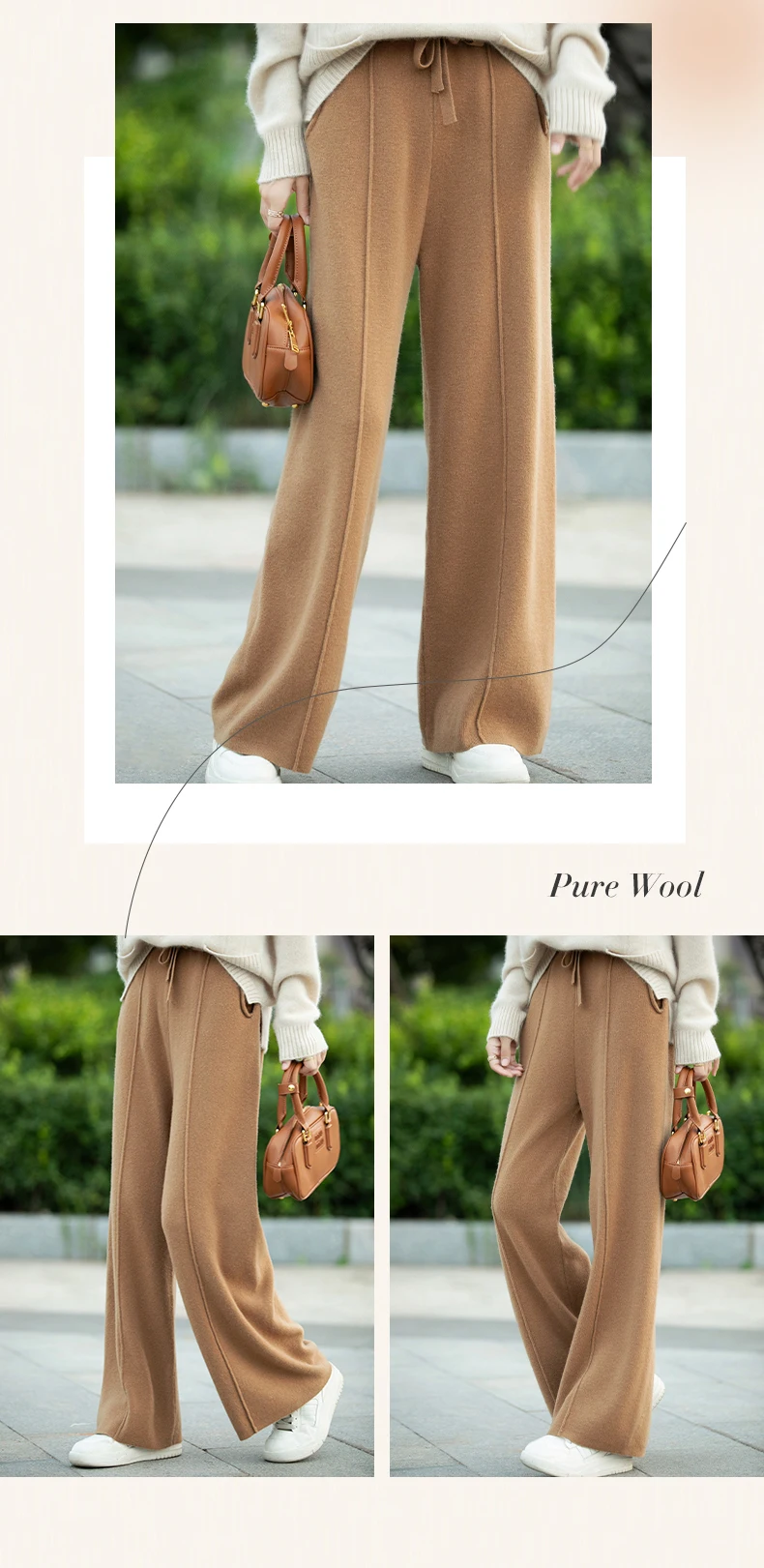 بنطلون نسائي واسع الساق من الصوف الخالص 100٪ مع جيوب للارتداء خارج المنزل، سروال للجري، ملابس نسائية بنطلون نسائي واسع الساق من الصوف الخالص 100٪ مع جيوب للارتداء خارج المنزل، سروال للجري، ملابس نسائية