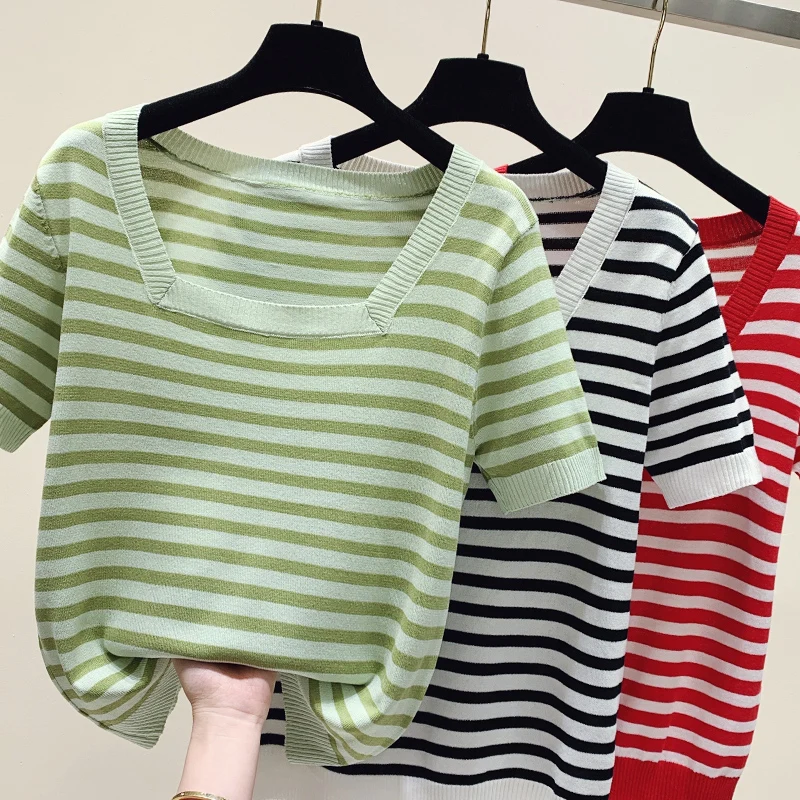 New Summer Fashion Women Vertical Stripe Sweater T-shirt Short-sleeve Square Collar Pullover Tees Korea Casual Knitted Tops
New Summer Fashion Women Vertical Stripe Sweater T-shirt Short-sleeve Square Collar Pullover Tees Korea Casual Knitted Tops