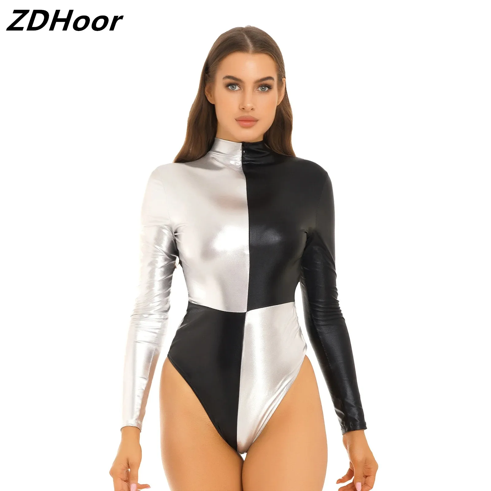 

Womens Metallic Shiny Bodysuit Long Sleeve Color Block Zipper Bodycon Rompers Fashion Party Pole Dance Catsuit Leotard Clubwear