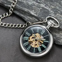 

Vintage Silver Watch Necklace Steampunk Skeleton Mechanical Pocket Watch Clock Hand-winding Men Women Chain Gift Relgio de bolso