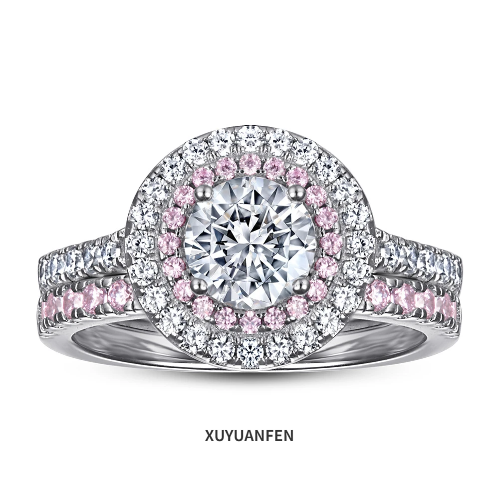

XUYUANFEN New Hot Selling European and American Exaggerated Ring for Women 925 Silver Pink Zircon Combination Ring Set