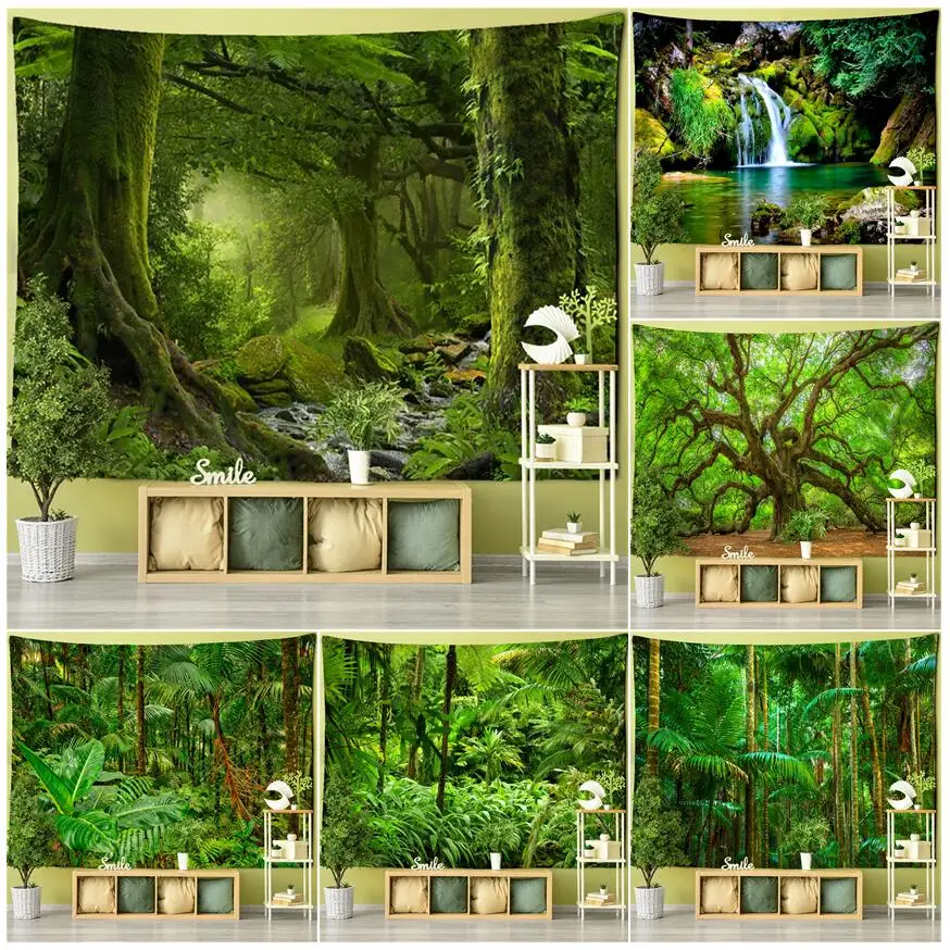 

Nature Landscape Forest Tapestry Tropical Jungle Plants Palm Trees Waterfall Scenery Wall Hanging Home Room Decor Picnic Blanket