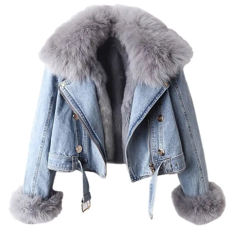 

New Women Faux Fox Fur Collar Jean Coat Winter Parkas Fashion Jacket Female Short Warm Parkas Rabbit Hair Lining Outwear R067