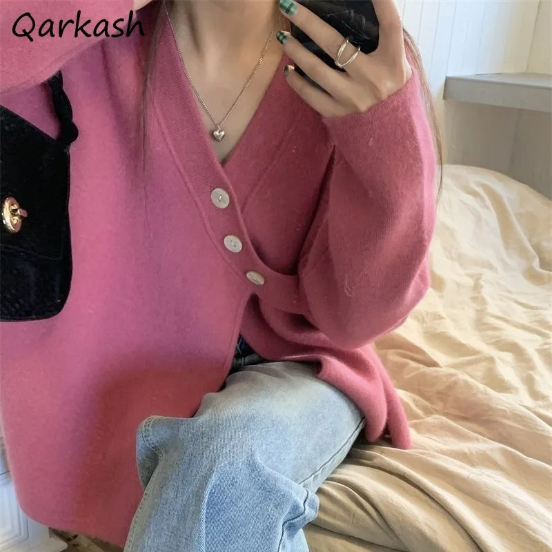 

V-neck Cardigans Women Solid Elegant Simple Korean Style Y2k Fashion Designed Knitting Loose Long Sleeve Sweater Comfortable