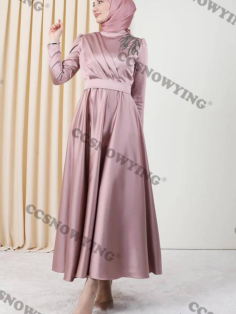 

Full Sleeve Hijab Muslim Evening Dresses Islamic Satin Beaded High Neck Women Formal Party Gown Arabic Dubai Robe De Soiree