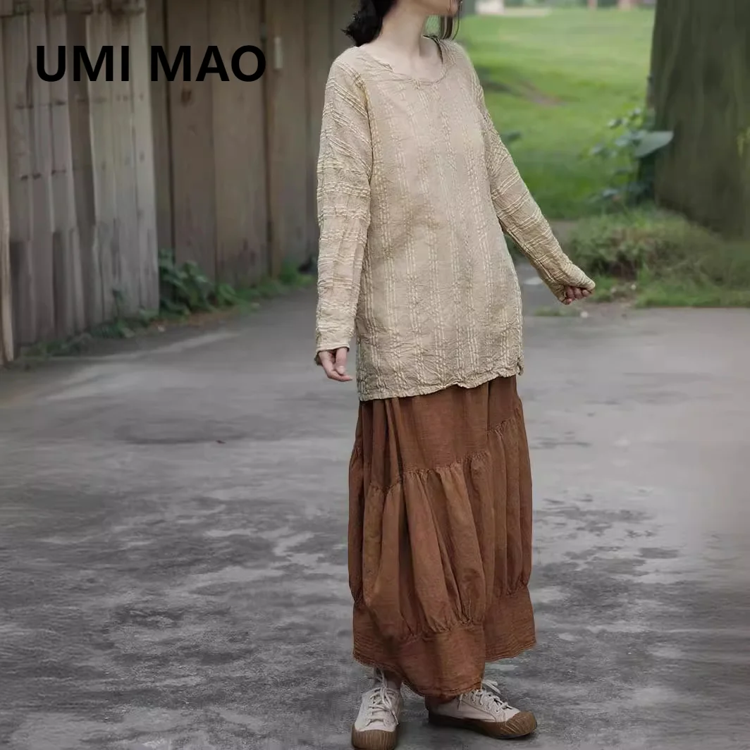 

UMI MAO Ramie T-shirt With Artistic And High-quality Three-dimensional Striped Jacquard Split Top For Spring And Autumn Layering