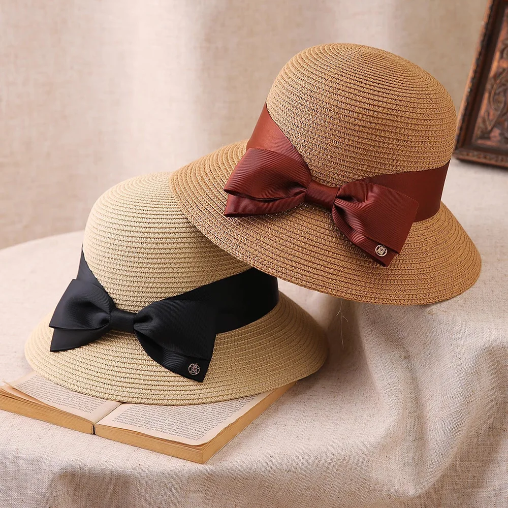 

Hepburn Red Fisherman Hat, Bow Knot, Dense Straw Hat, Women's Summer Sunshade and Sunscreen Bowl Hat, Beach Vacation Sun Hat
