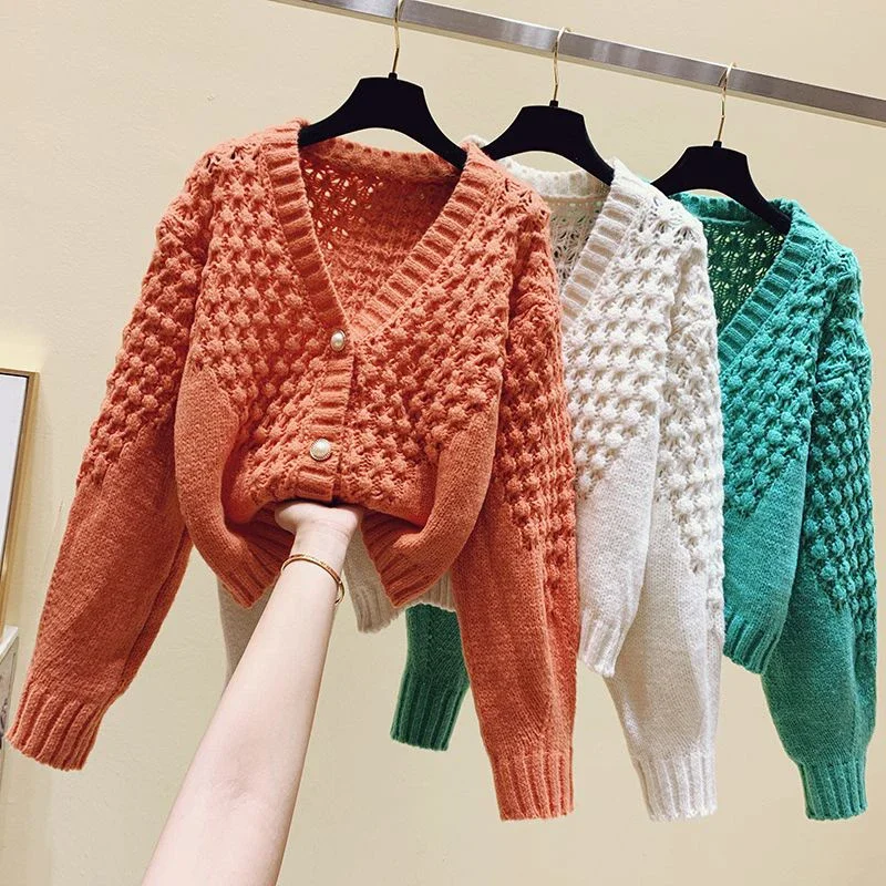 

Autumn New Sweater Cardigans Slim Elastic Woman Top Clothes Knitted Korean V-Neck Long Sleeve Elegance Female Casual Sweaters