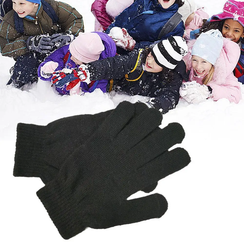 

Kid's Gloves Winter Anti Freeze Hand Anti Cold Warm Knitted Fabric Black Full Finger Mittens For Childrens