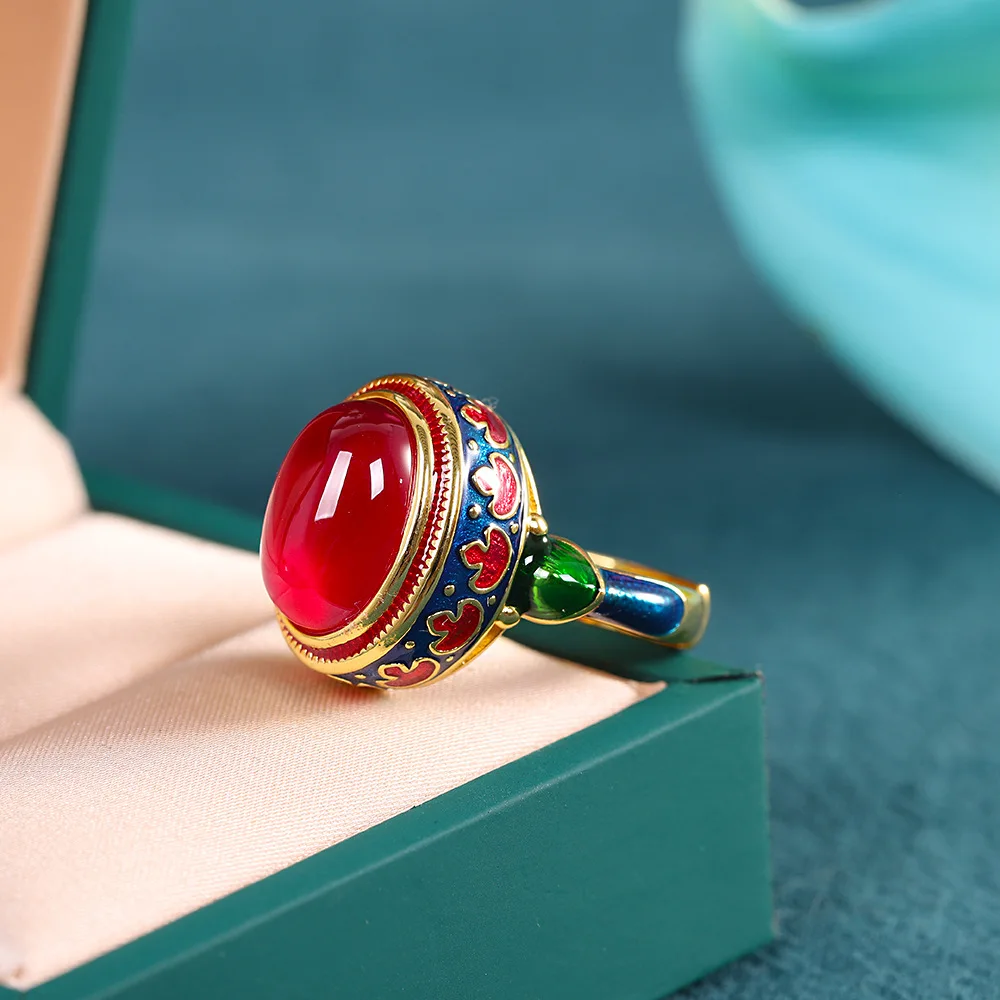 

S925 Silver Gold Plated Red Corundum Enamel Color Women's Ring Cloisonne Vintage Trendy Open Rings Fine Jewel 2023 New