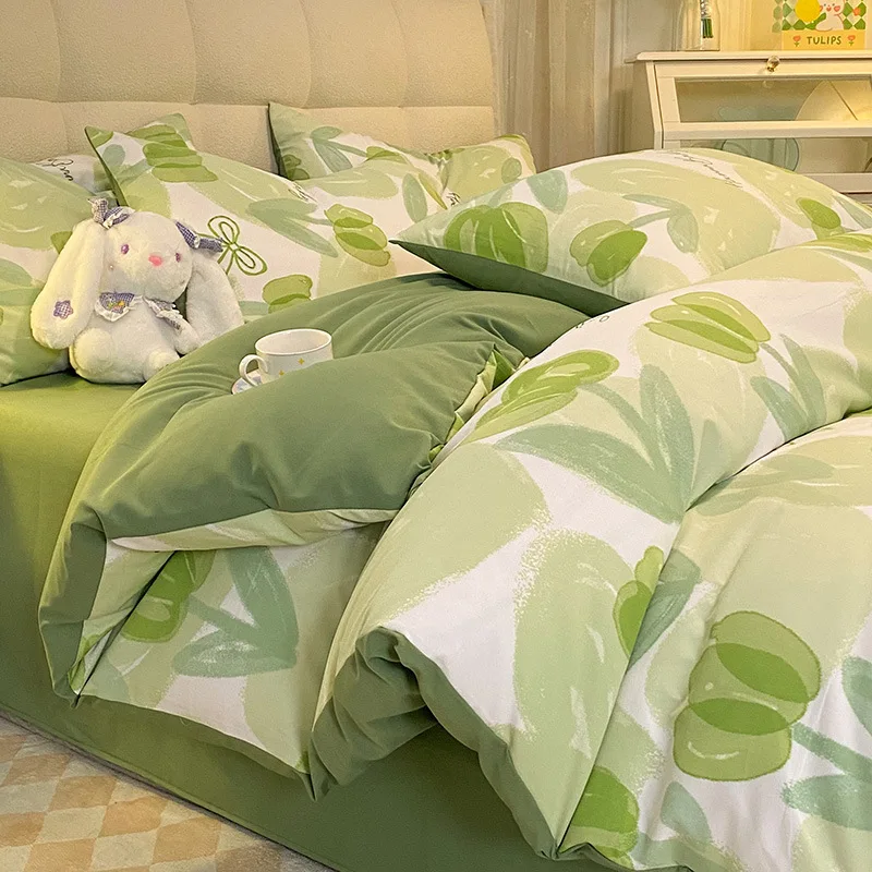 

Ins green tulip four-piece set of small and fresh class A washed cotton and linen bed sheets, forest style quilt cover three-pie