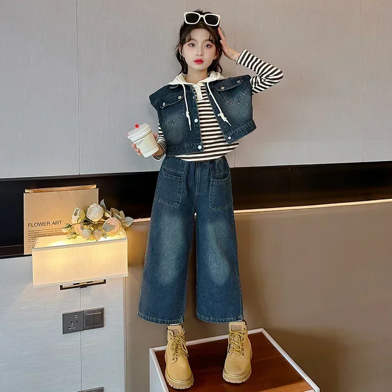 

Korean Spring Autumn 3pcs Suit Teenager Girl Striped Hooded Sweatshirt+denim Vest+Wide-leg Pants Jeans Set For Girls 4-12Yrs