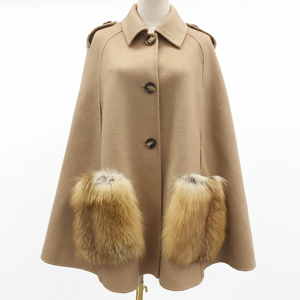 

JANEFUR Cashmere Coat Women 2024 Elegant Wool Cape Poncho with Real Fox Fur Pockets Warm Fashion Party Ladies Winter Coat