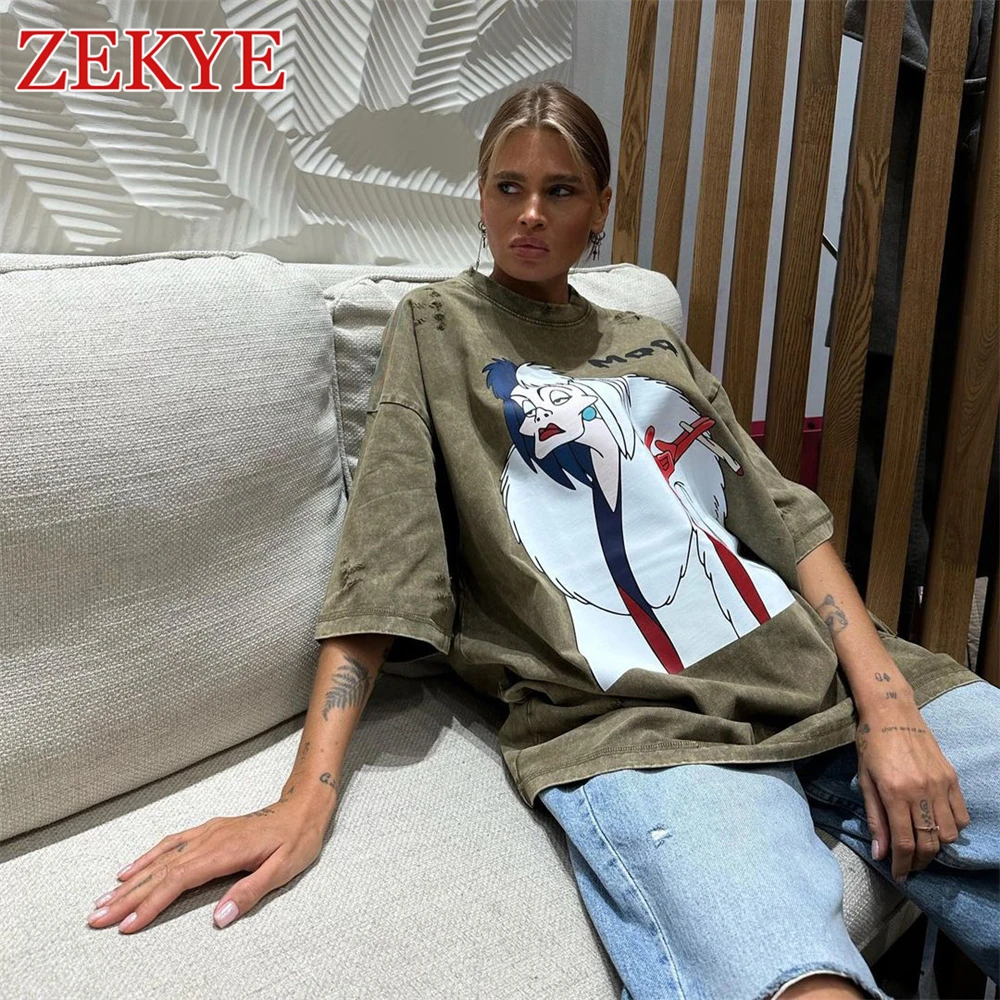 

Zekye Vintage Oversized Streetwear Tee Shirts Women Hip Hop Ripped Distressed Graphic Tshirt Femme Casual Grunge Retro Outfit