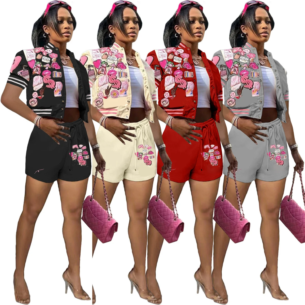 Baseball Suits Varsity 3D Print Women 2 Piece Sets Tracksuit Fitness Button Up Short Sleeve Jackets Crop Top Matching Shorts set
Baseball Suits Varsity 3D Print Women 2 Piece Sets Tracksuit Fitness Button Up Short Sleeve Jackets Crop Top Matching Shorts set