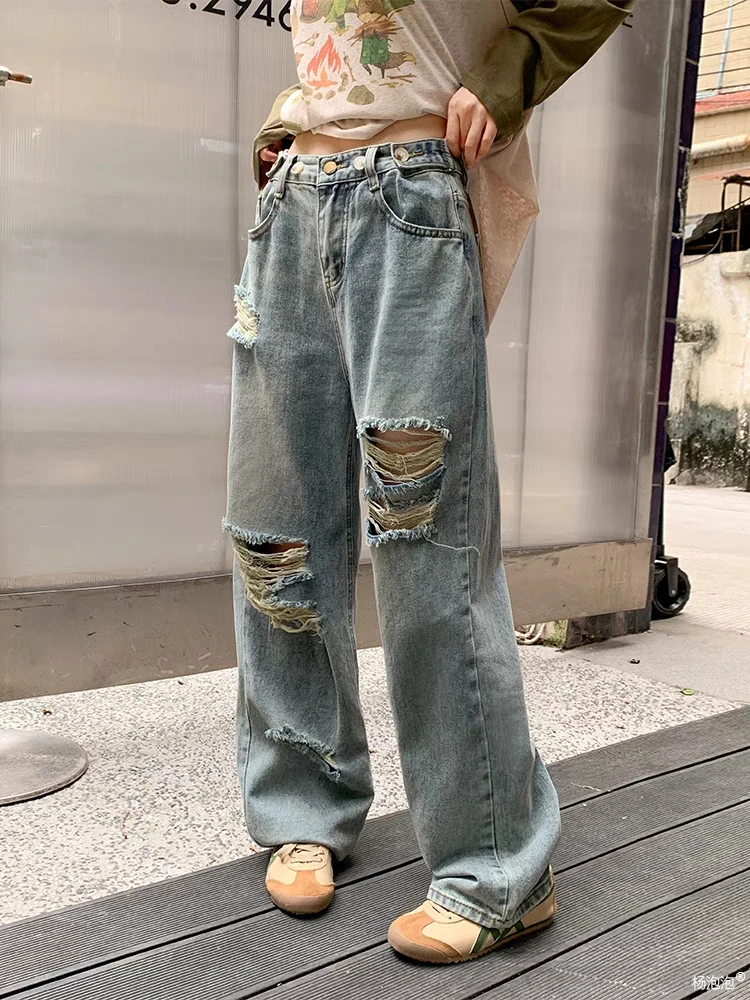 

Women's Multiple Hole Designs Blue Distressed Jeans Street Style American Casual Trousers Female High Waist Straight Thin Pants