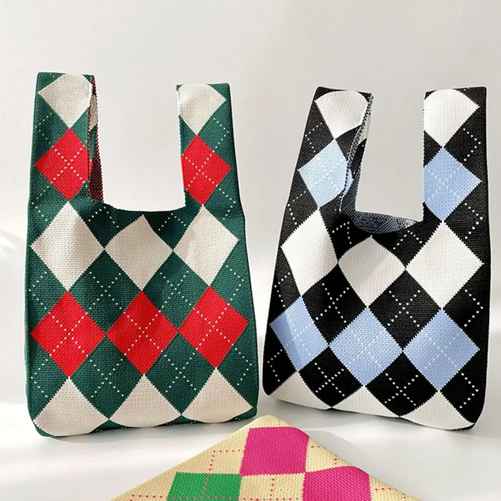 

Minimalist Rhombus Plaid Knitted Handbag Women Shoulder Bag Fashion Crochet Tote Bag Ladies Female Woven Purse Lady Bag