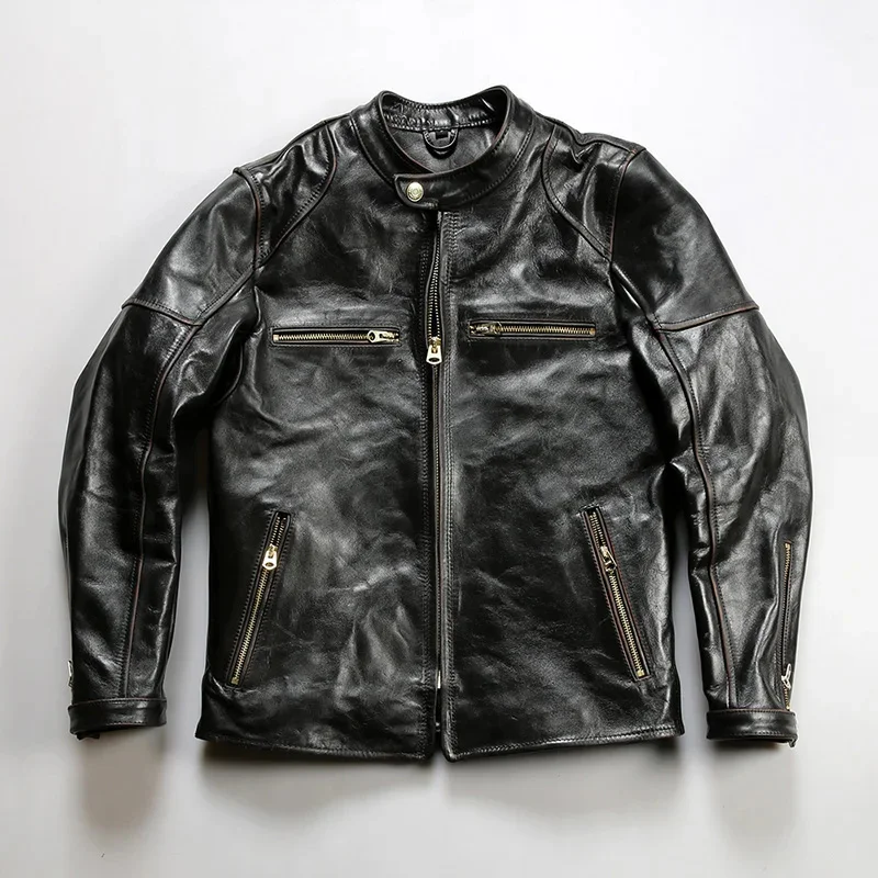 Japanese locomotive J100 tea core horse skin leather jacket men standing collar Slim fashion casual Real garment coat
Japanese locomotive J100 tea core horse skin leather jacket men standing collar Slim fashion casual Real garment coat