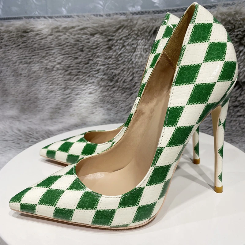 

Diamond Check Pumps Green White Women Sexy Ladies 12cm Stiletto Super High Heels Ladies Pointed Toe Party Shoes QP165