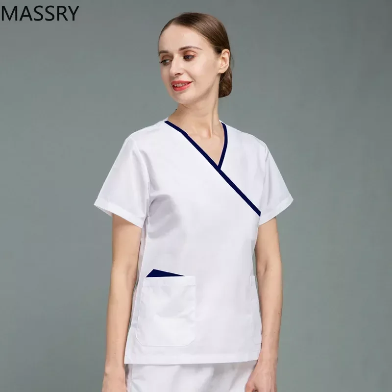 

Women Uniform Set Short Sleeve Nurse Workwear Beauty Salon Work Clothe Slim Fit Scrub Shirt Unisex Medical Nursing Uniform 위생복