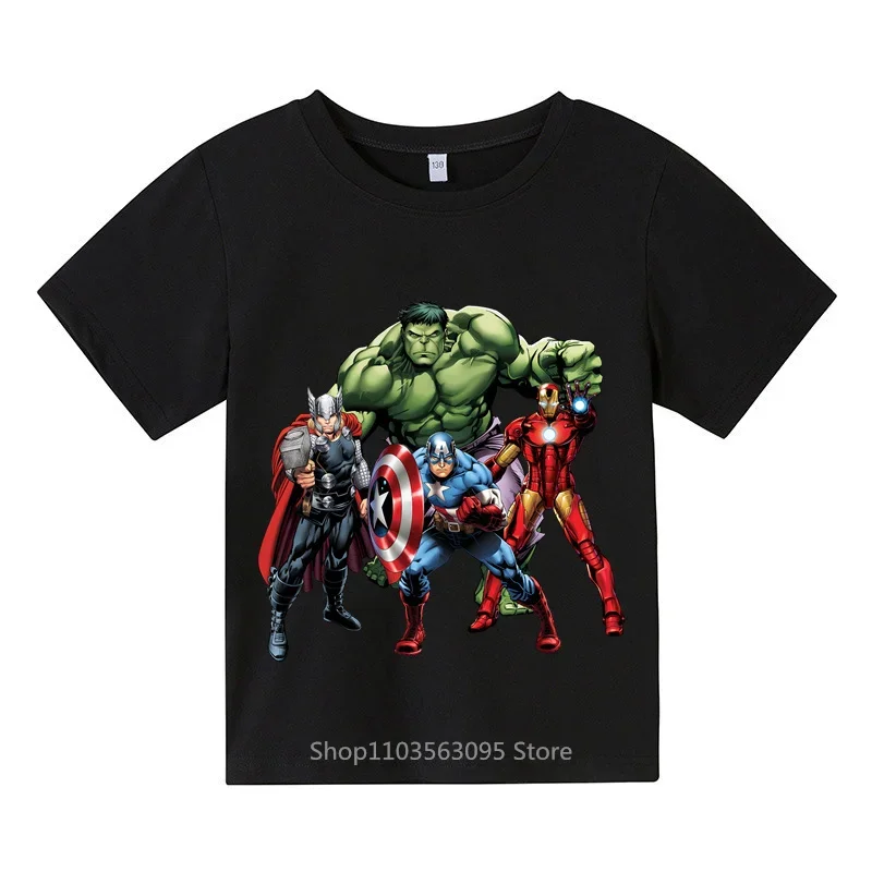 

2024 летняя новая футболка с мультяшным принтом Мстителей для мальчиков и девочек, хлопковый Повседневный стильный детский топ с коротким рукавом, модная одежда