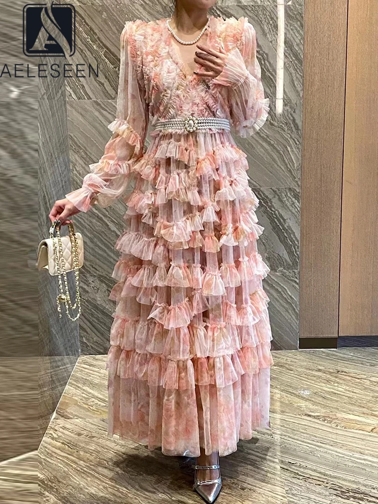 

AELESEEN High Quality Layered Dress Women Flower Print V-Neck Prom 3D Ruffles Edible Tree Fungus Tulle Elegant Party