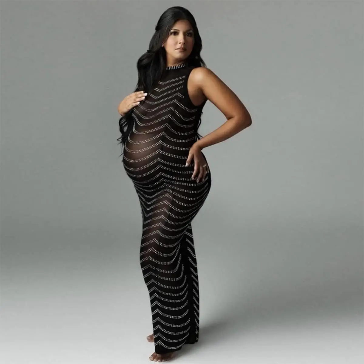 

Maternity Photography Dresses Pregnant Gown Party Sexy Shiny Goddess Rhinestone Dress Stretchy Plus Size (Black)