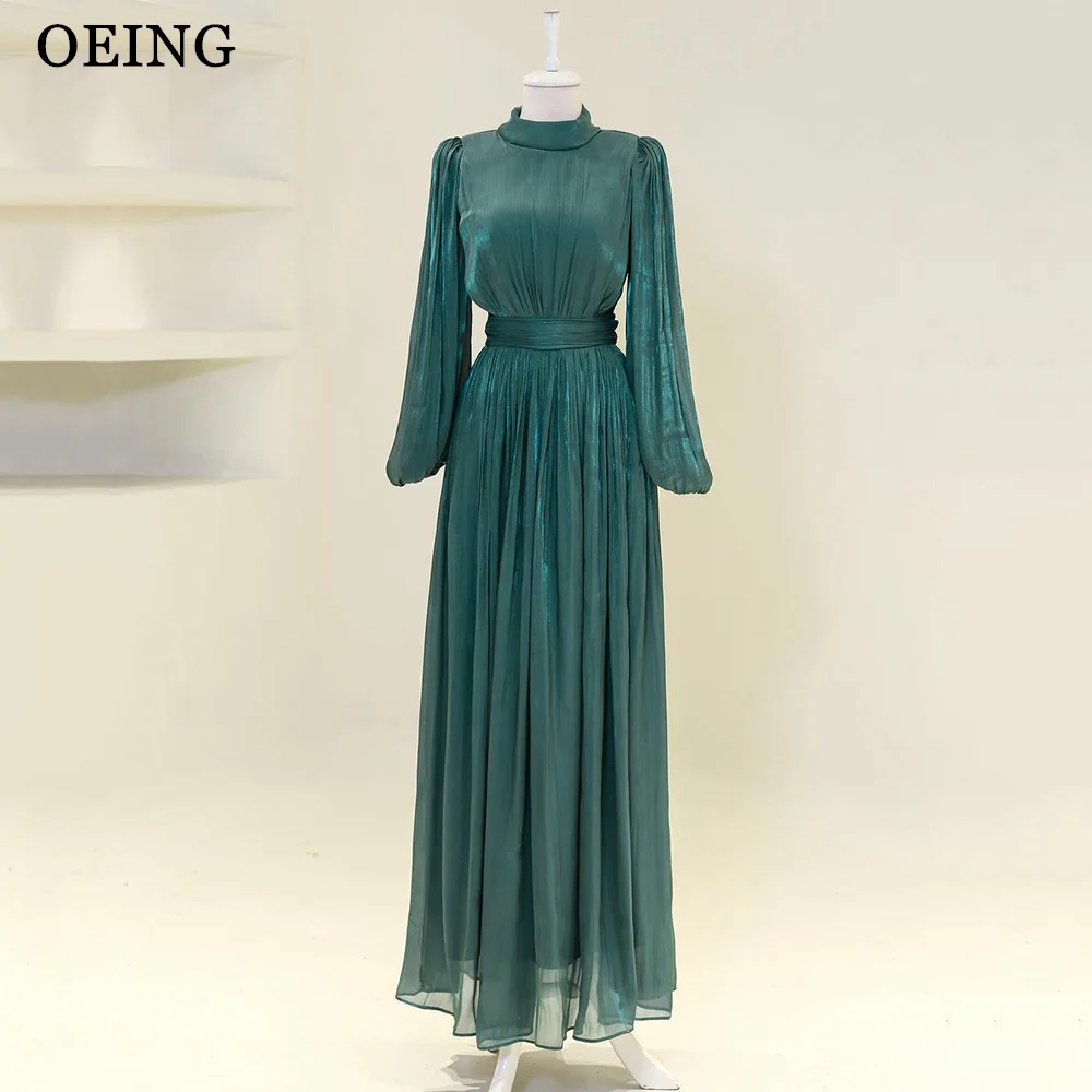 

OEING Sparkly Green Muslim Arabic Women Shiny Prom Dresses Long Sleeves O-Neck Ankle Length Evening Gowns Formal Party Dress