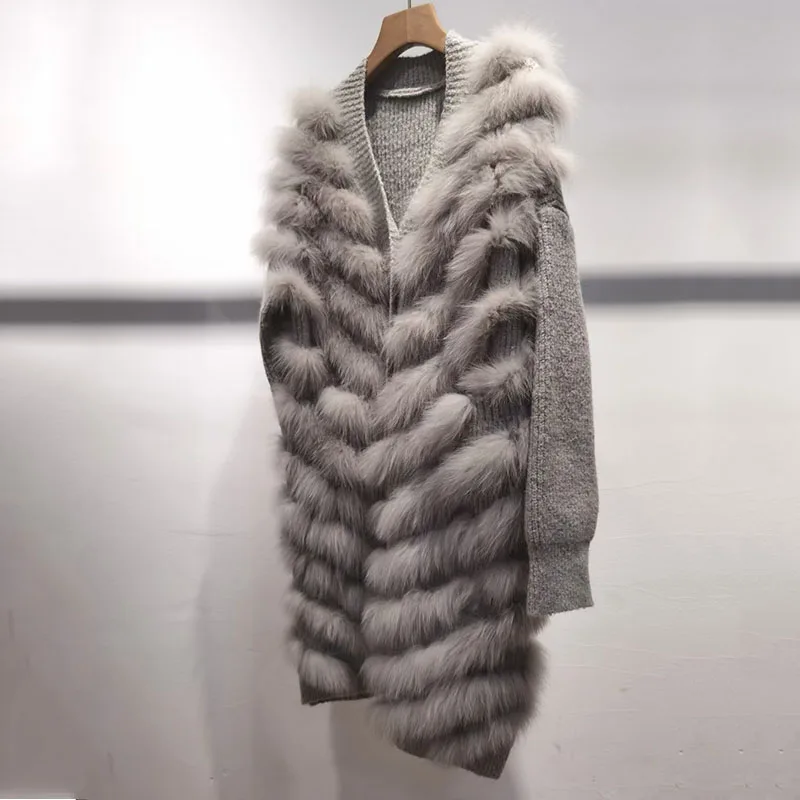 Women Long Plus Size Knitted Cardigan Coat With Real Fox Fur Stripe With Button Casual Long Sleeve Warm Female Jacket Outwear 
Women Long Plus Size Knitted Cardigan Coat With Real Fox Fur Stripe With Button Casual Long Sleeve Warm Female Jacket Outwear