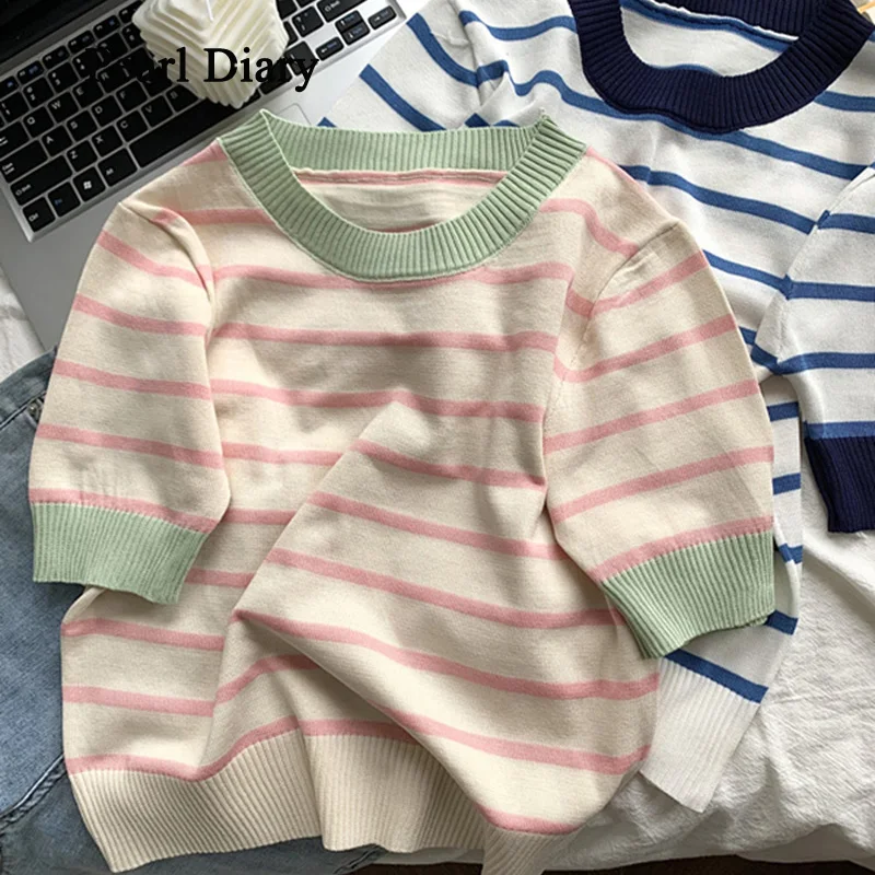 Pearl Diary Summer Pink Striped Contrast Color T-Shirt Women Sense Of Design Loose All-Match Tops Chic Knitting Ins Top Women's
Pearl Diary Summer Pink Striped Contrast Color T-Shirt Women Sense Of Design Loose All-Match Tops Chic Knitting Ins Top Women's