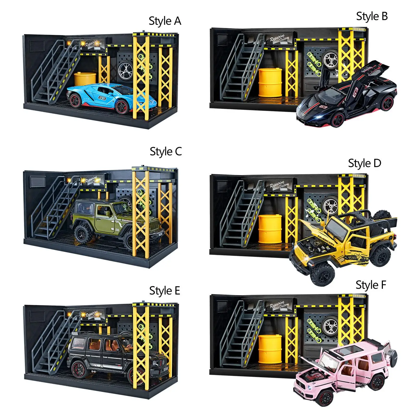 

1/32 Repair Shop Garage with Model Car DIY Decorative Desktop Decoration Realistic Layout Diecast Scale Alloy Cars Parking Lot