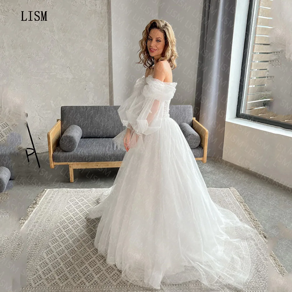 

LISM A-line Sweetheart Appliques Tulle Corset Boning Wedding Dresses Off The Shoulder Puffy Sleeves Princess Ball Gowns New