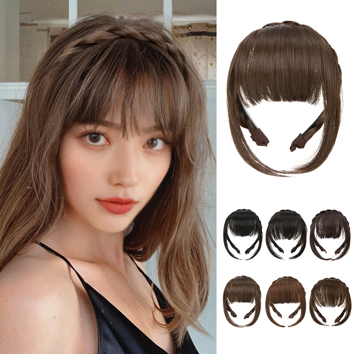 

Premium Synthetic Headband Bangs Extension Fake Hair Blunt Fringe With Long Sides Natural Black Brown Daily Bang For Women B12