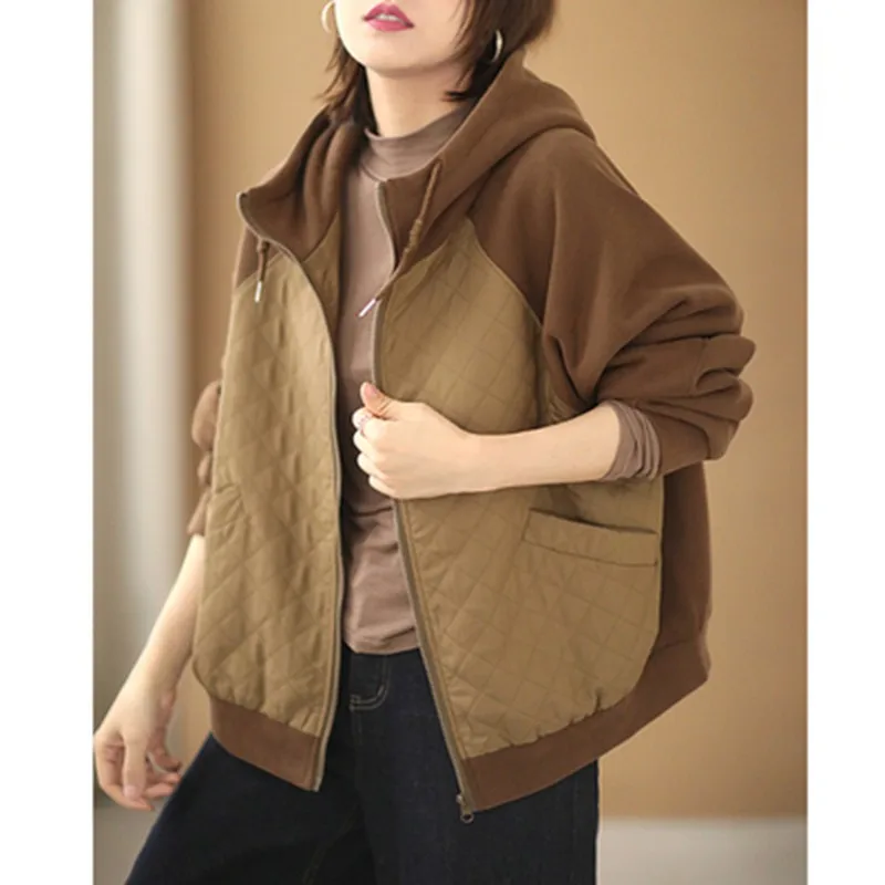 

2023 New Arrival Autumn Winter Women All-matched Loose Casual Hoodies Zip-up Thickening Warmth Long Sleeve Cotton Coat V734