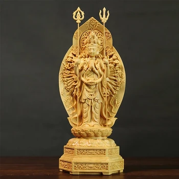 회양목 조각 풍수 조각 홈 인테리어 단단한 나무 부처님 동상 예배 천 손 관음 홈 장식, 가정 장식