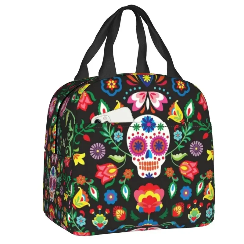 

Mexican Sugar Skulls Flowers Insulated Lunch Box for Women Thermal Cooler Lunch Bag Work School Travel Food Container Tote