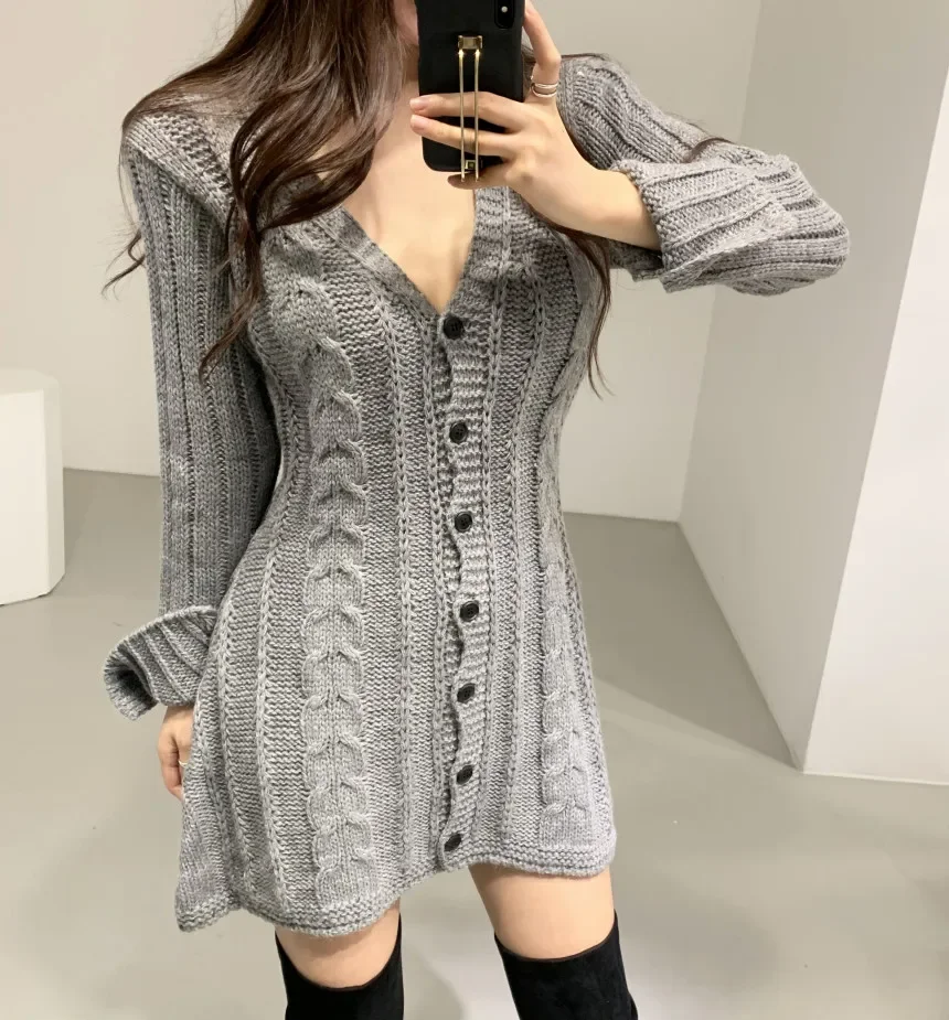FREE SHIPPING Cozy Cable Knit Button Up Cardigan Bodycon Mini Dress JKP1175