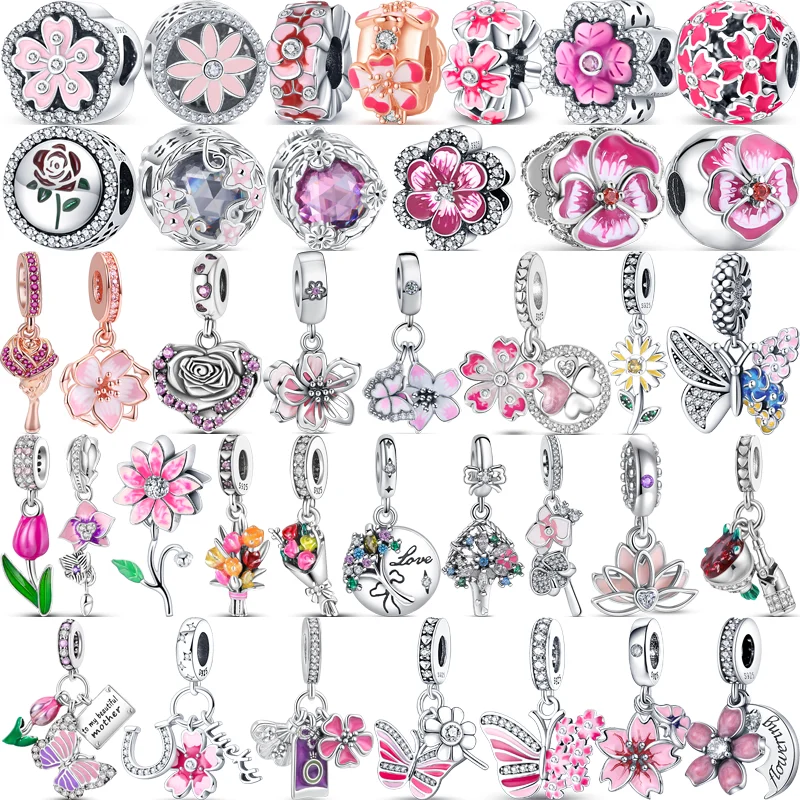 

New 925 Silver Sweet Love Pink Flowers Sakura Pendant Fashion Beads Fit Original Pandora Charms Bracelet Valentine's Day Jewelry