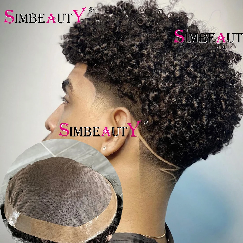 

8mm Afro Curly Super Durable Breathable Fine Mono Top Lace&PU Base Men Toupee 100% Human Hair System Pieces Prosthesis Man Wigs